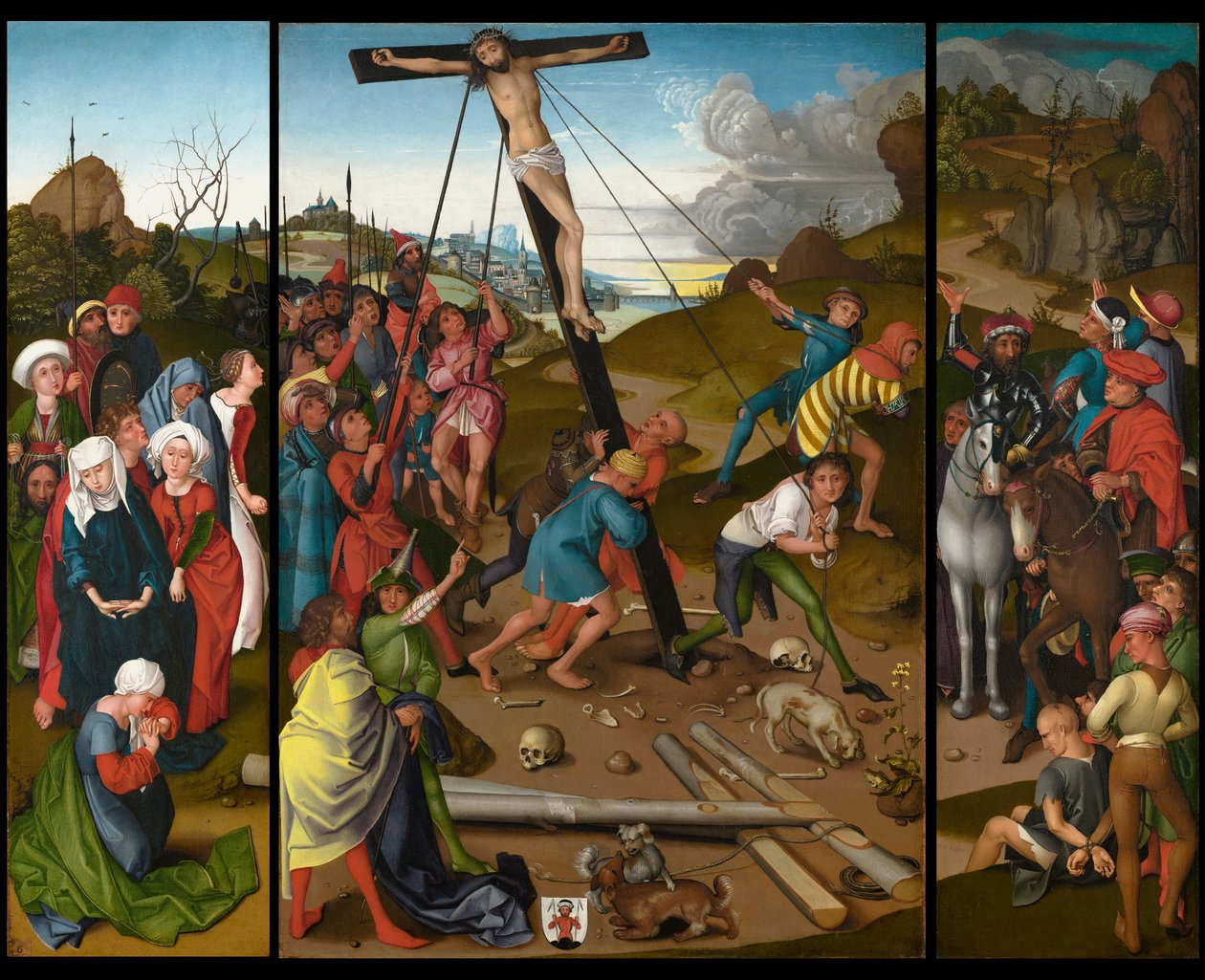 Ristin nostaminen [keski, vasen ja oikea paneeli], c. 14801490. tekijältä Master of the Starck Triptych