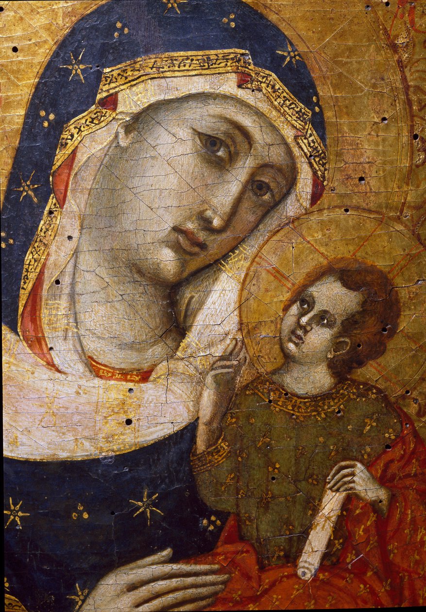 Neitsyt lapsen kanssa Yksityiskohta - Maalaus puulle diptyykkimestari Sterbinistä (1300-luku) Koko 33,5x26,7 cm Istuin, Museo del Tesoro della Basilica di San Francesco tekijältä Master of the Sterbini Diptych