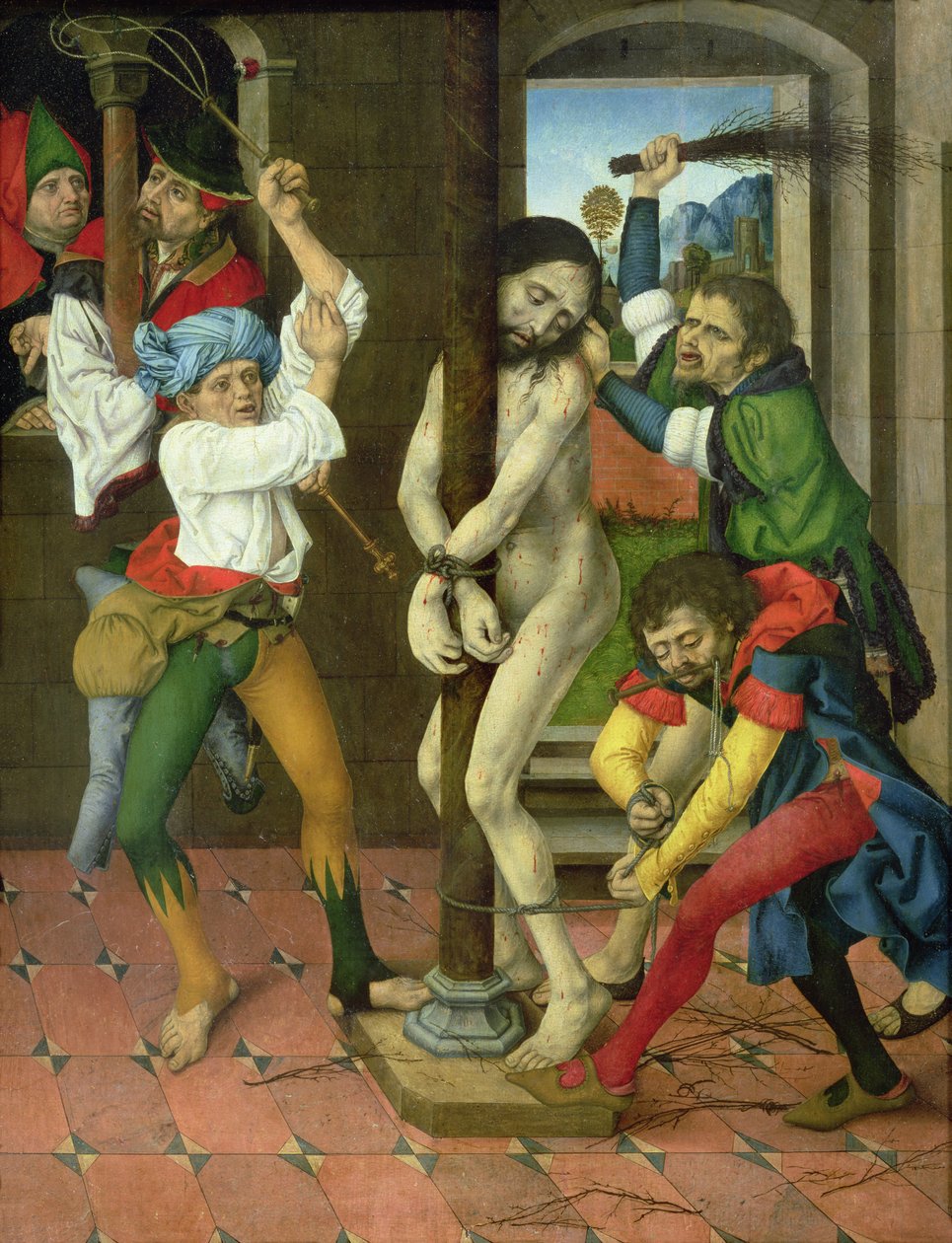 Kristuksen liputus, kärsimysalttaritaulun sivupaneeli (öljy paneelille) tekijältä Master of the Strache Altar