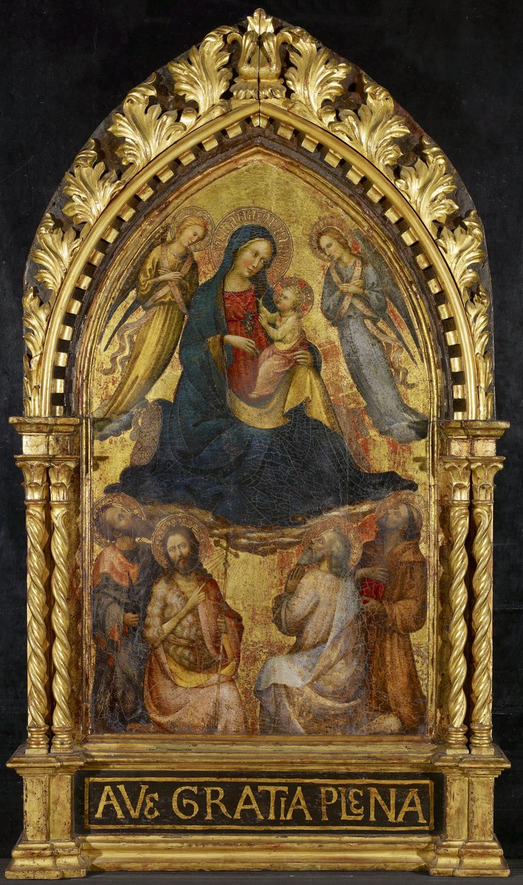 Neitsyt ja lapsi enkelien ja neljän pyhän kanssa, n. 1400-15 (tempera ja kultalehti paneelissa) tekijältä Master of the Straus Madonna