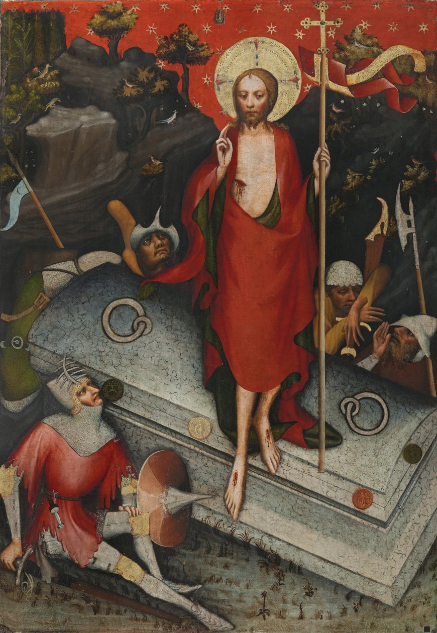 Ylösnousemus. Trebonin alttaritaulusta - Wittingaun mestari (Trebonin alttaritaulun mestari) (toimii noin 1380-1390). Tempera paneelissa, n. 1380. Mitat: 132x92 cm. Kansallisgalleria, Praha tekijältä Master of the Trebon Altarpiece