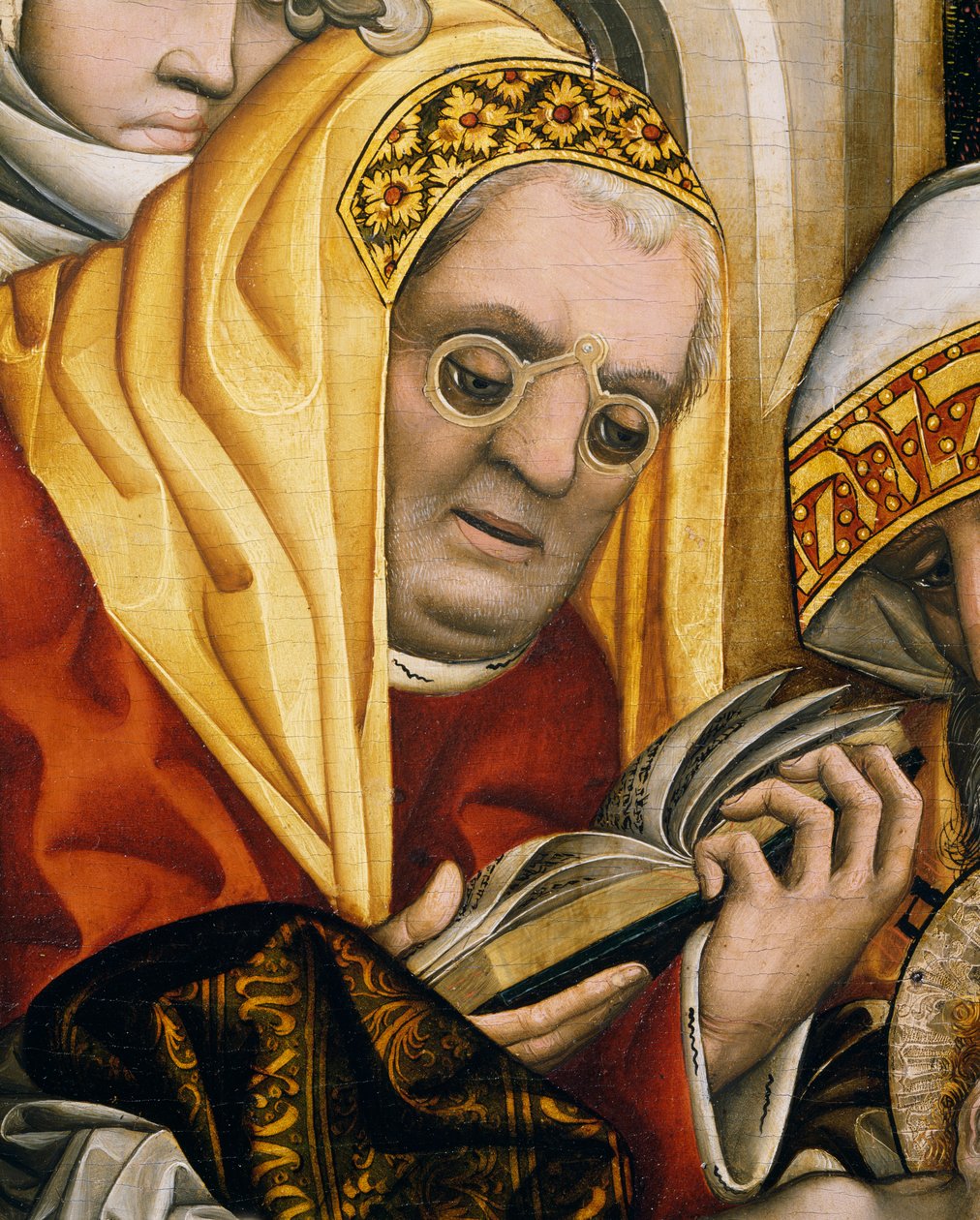 Pappi silmälasit, yksityiskohta Kristuksen ympärileikkauksesta tekijältä Master of the Tucher Altarpiece