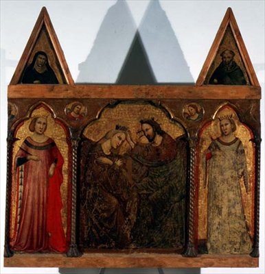 Triptyykki: Neitsyen kruunaus kahden pyhän rinnalla (tempera paneelissa) tekijältä Master of the Urbino Coronation