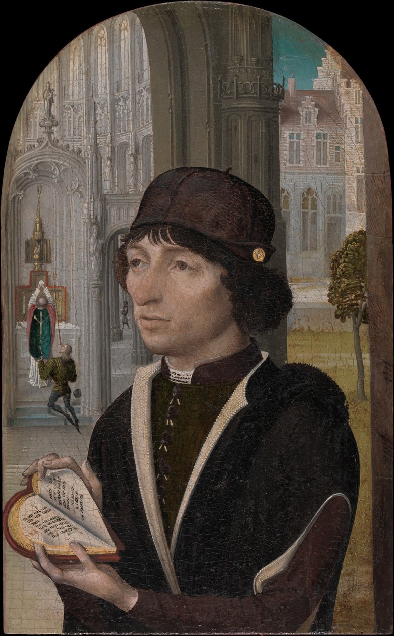 Nuori mies pitelee kirjaa, n. 1480. tekijältä Master of the View of Sainte