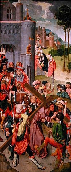 Kristus kantaa ristiä, sivupaneeli triptyykistä, n. 1490-luku (öljy levylle) (katso myös 152537) tekijältä Master of the Virgo Inter Virgines