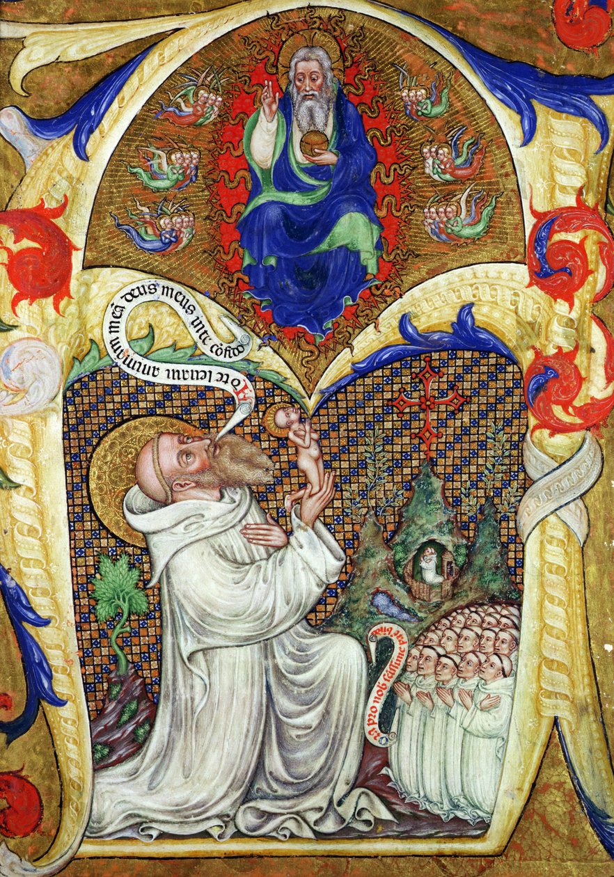 Historiallinen alkukirjain "A", joka esittää Pyhän Benedictuksen uhraavan sielunsa Isäjumalalle, Lombardian koulu tekijältä Master of the Vitae Imperatorum