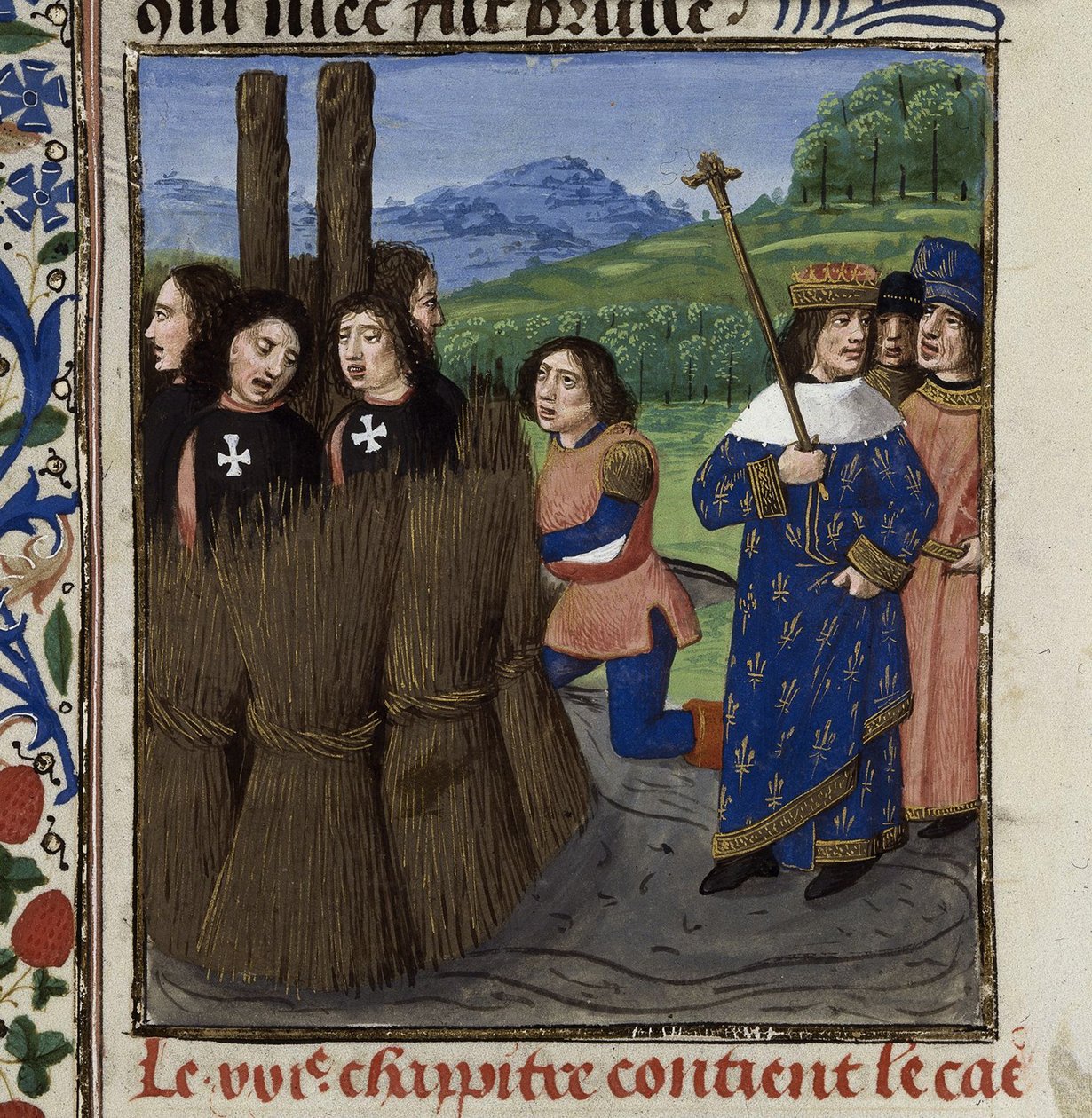 Temppelilaisten polttaminen Teoksesta: De casibus virorum illustrium, Giovanni Boccaccio tekijältä Master of the White inscriptions