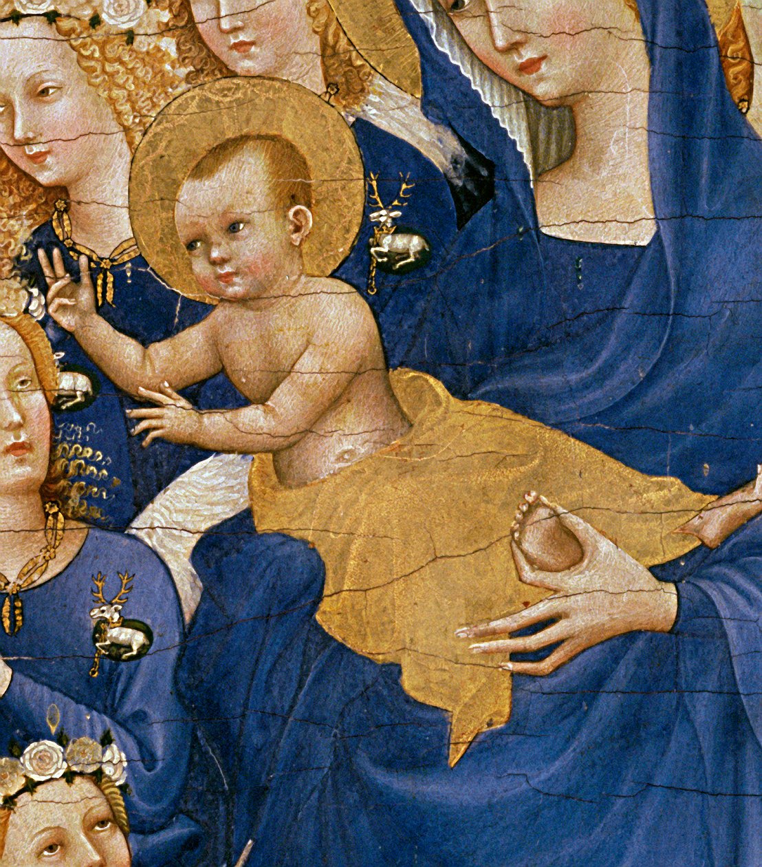 Neitsyt ja lapsi, n. 1395-1399 (munan tempera tammen päällä) (yksityiskohta 3028) tekijältä Master of the Wilton Diptych