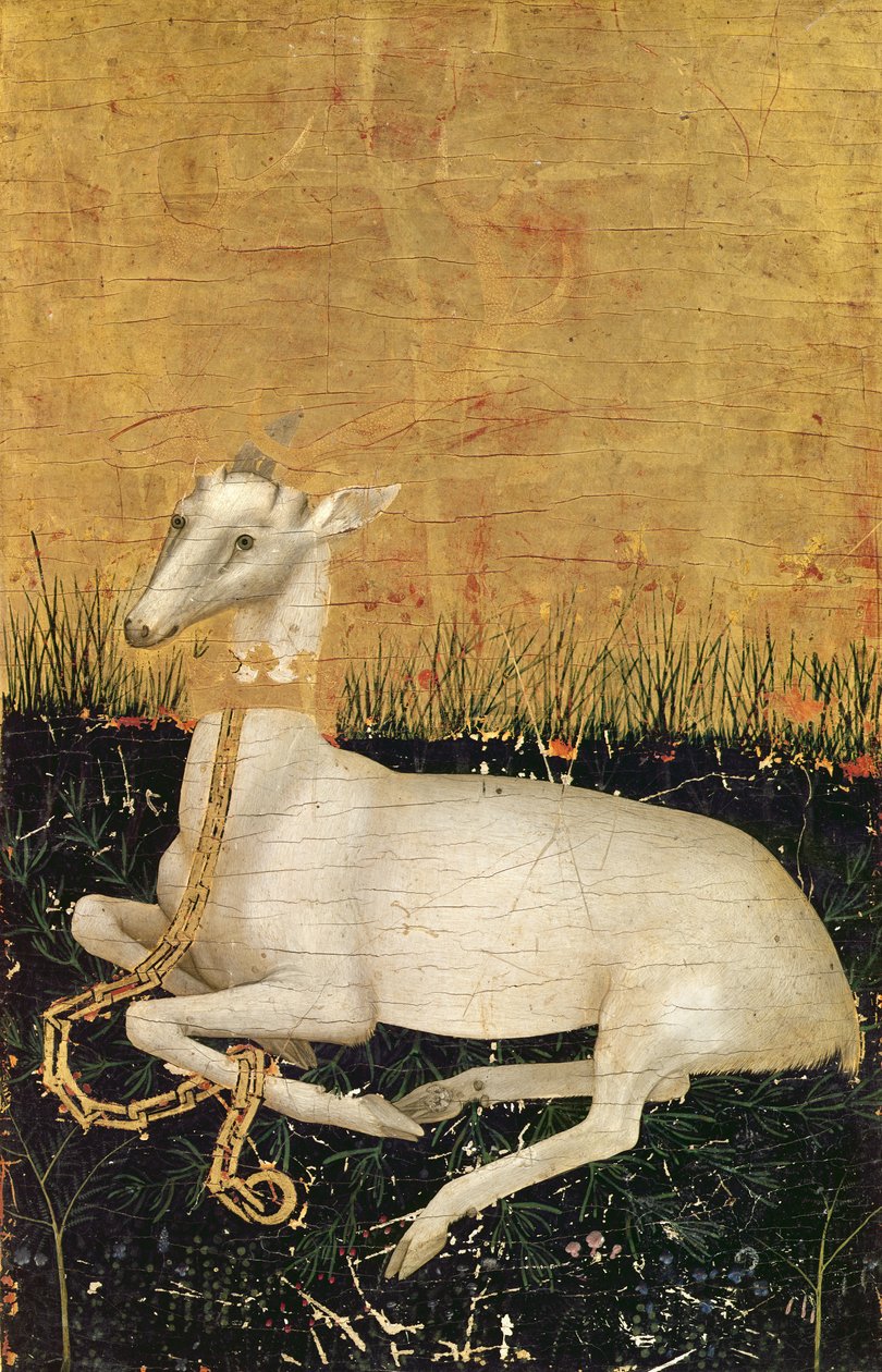 White Hart, teoksesta "The Wilton Diptych" n. 1395-1399 (munan tempera tammen päällä) (verso) tekijältä Master of the Wilton Diptych