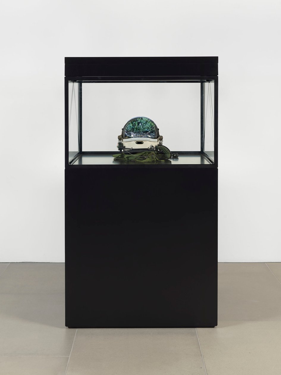 Alpha Omega, 2016 (Lasi, LCD-näyttö, mediasoitin, kopio kallosta, avaruuskypärä, puu) tekijältä Mat Collishaw