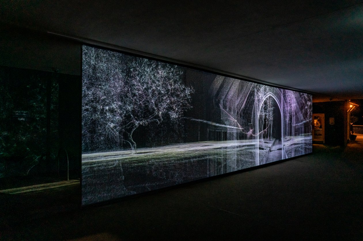 Echolocation, 2021 (3-kanavainen videoprojektio polypropeeniverkolle) tekijältä Mat Collishaw