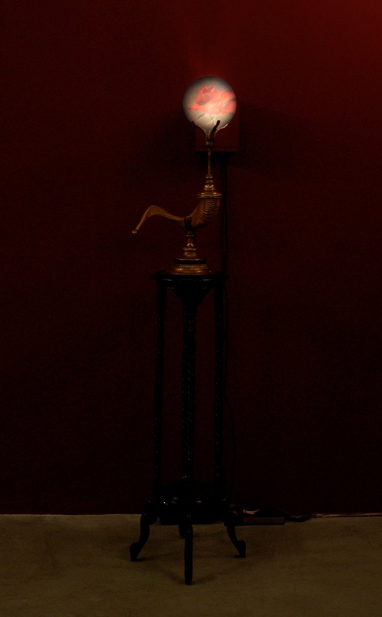 Horn Blower, 2002 (Lasi, vesi, messinki, pässinsarvi, puu, videoprojektori ja soitin). tekijältä Mat Collishaw