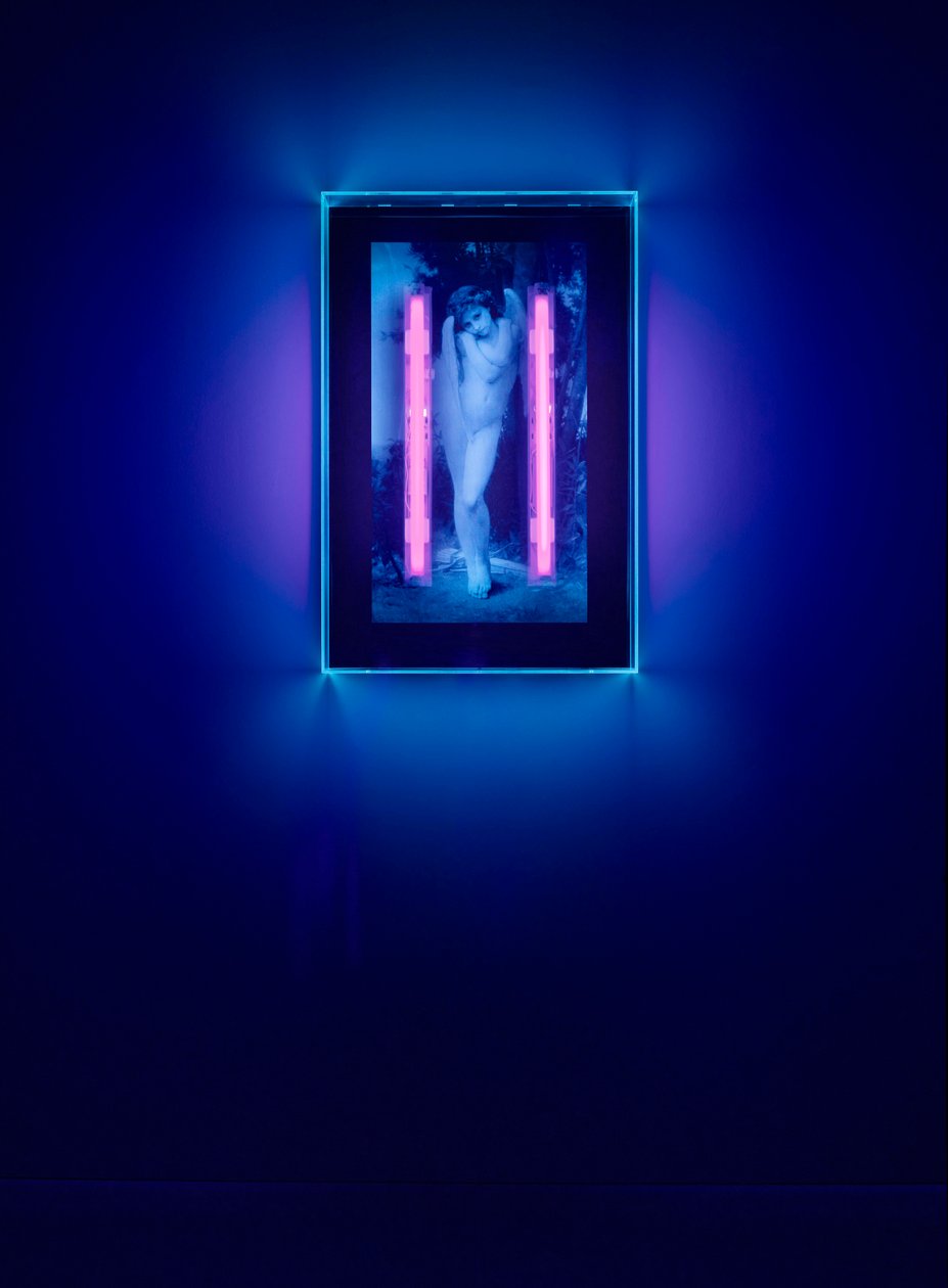 Ultravioletti enkeli, 2008 (Ultraviolettimuste pleksilasilaatikolle, 2 ultraviolettia neonvaloa) tekijältä Mat Collishaw