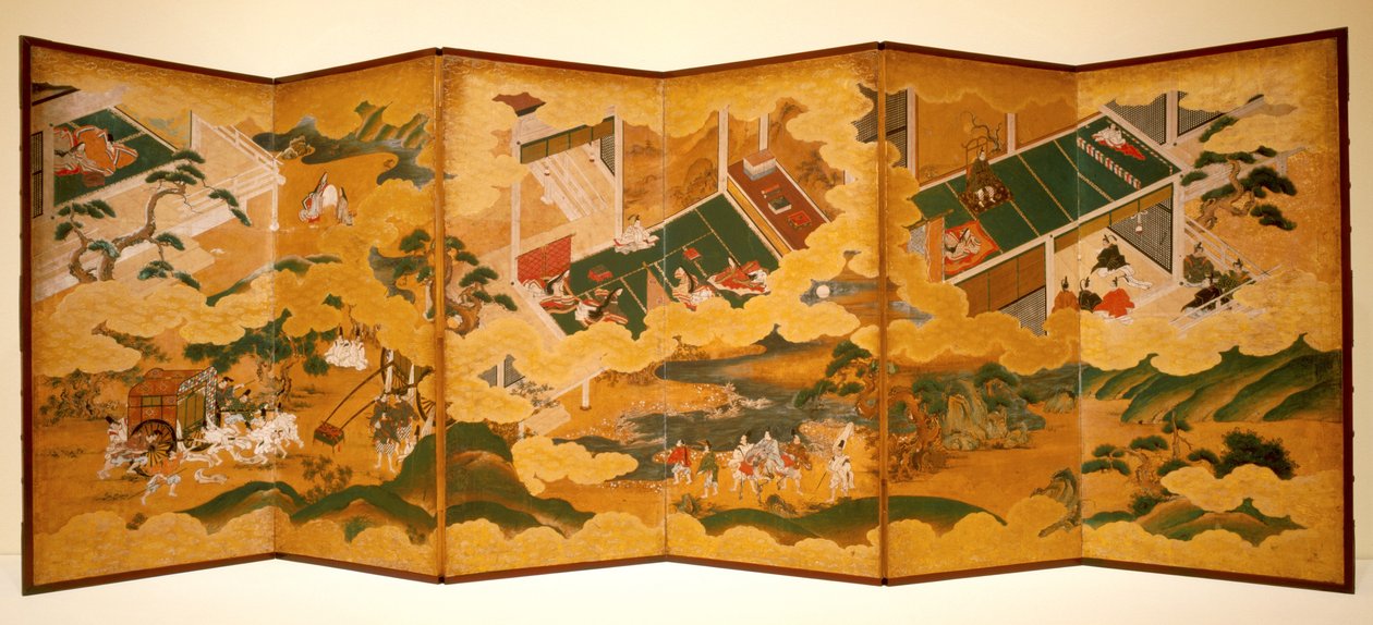 Tales Of Genji, n. 1650 (muste, väri ja lehtikulta paperille, kuusinkertainen näyttö) tekijältä Matabei Iwasa