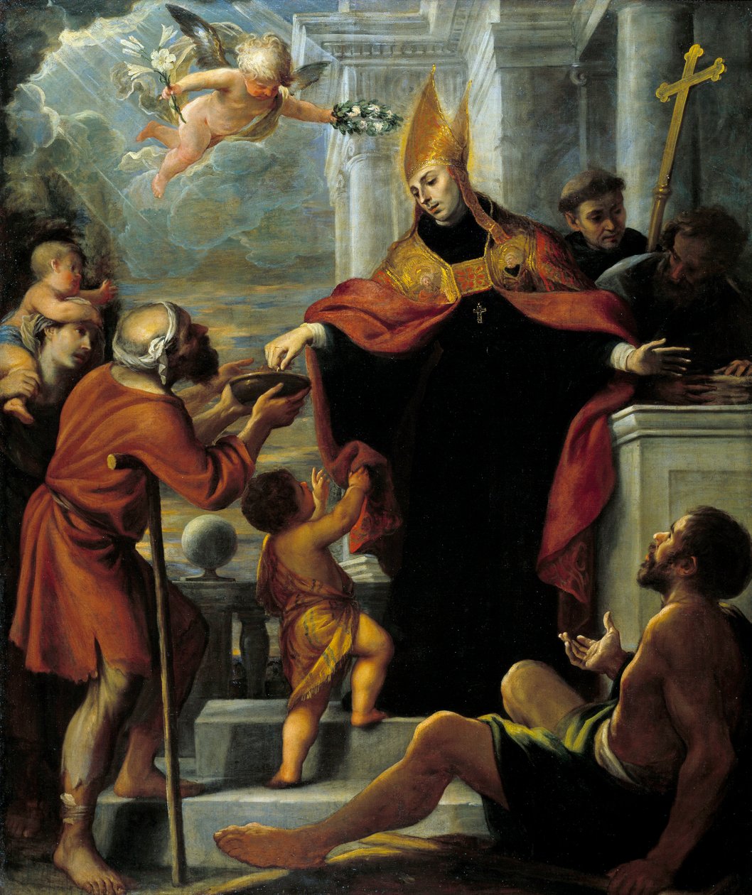 Saint Thomas de Villeneuve jakaa amoneja kerjäläisille Mateo Cerezon maalaus tekijältä Mateo Cerezo