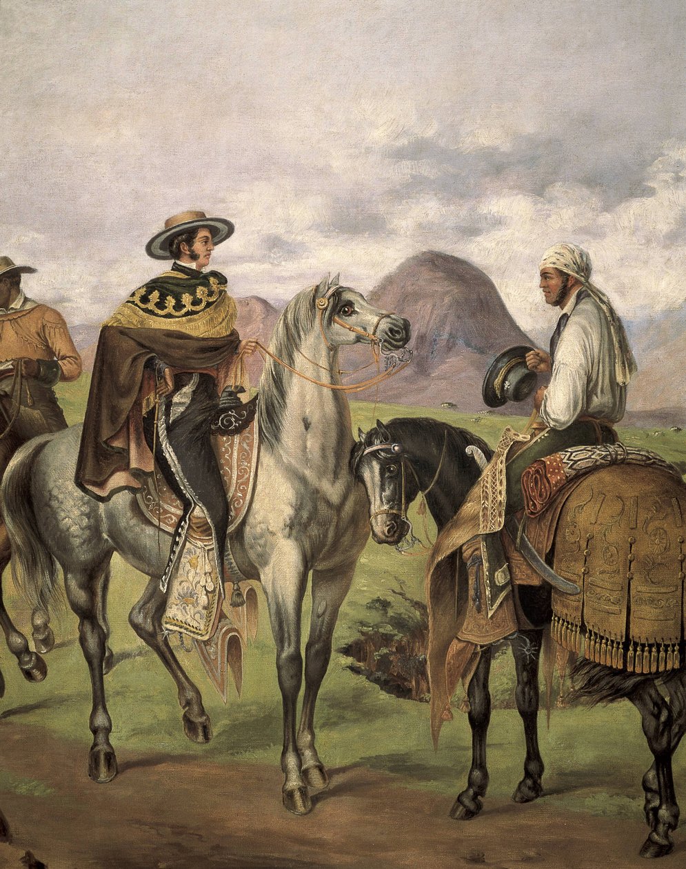 Charros”” (meksikolaiset ratsastajat) pukeutuneena hienoihin vaatteisiin. Mateo Saldanan (1875-1951) teos, 1900-luku. Costumbriismi. Öljy kankaalle tekijältä Mateo Saldana