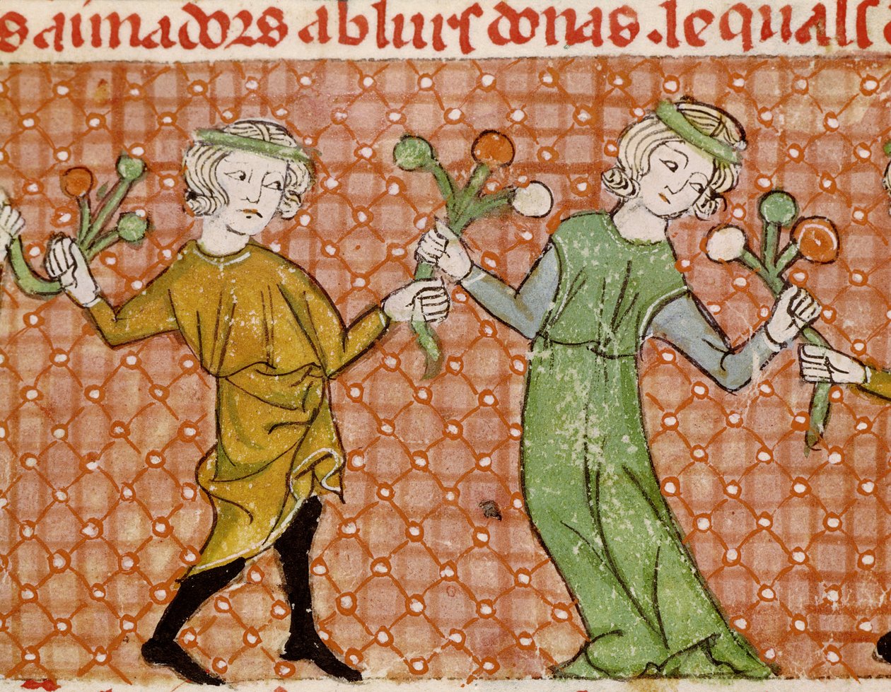 Fol.215v The Temptation: Tanssiva pariskunta tekijältä Matfre Ermengaut