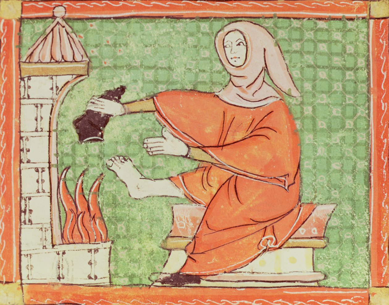 Fol.58r Helmikuu: Lämpeneminen tulella (Vellum) tekijältä Matfre Ermengaut