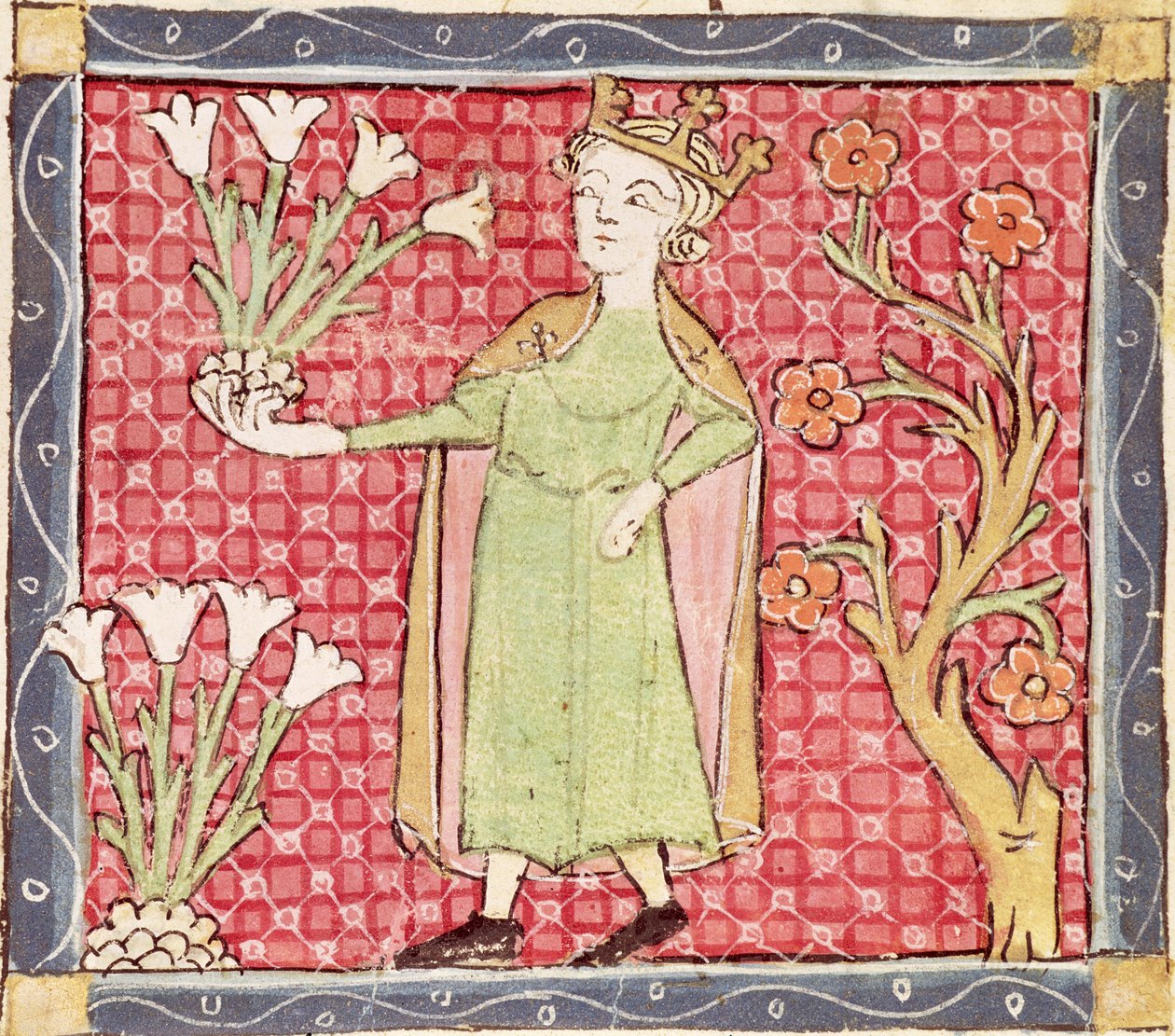 Fol.58v huhtikuu: Kukkien poimiminen tekijältä Matfre Ermengaut