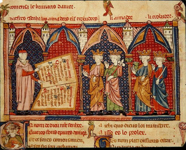 Fol.5v Mestari Ermengaut esittelemässä kirjaansa neljälle kuninkaalle tekijältä Matfre Ermengaut