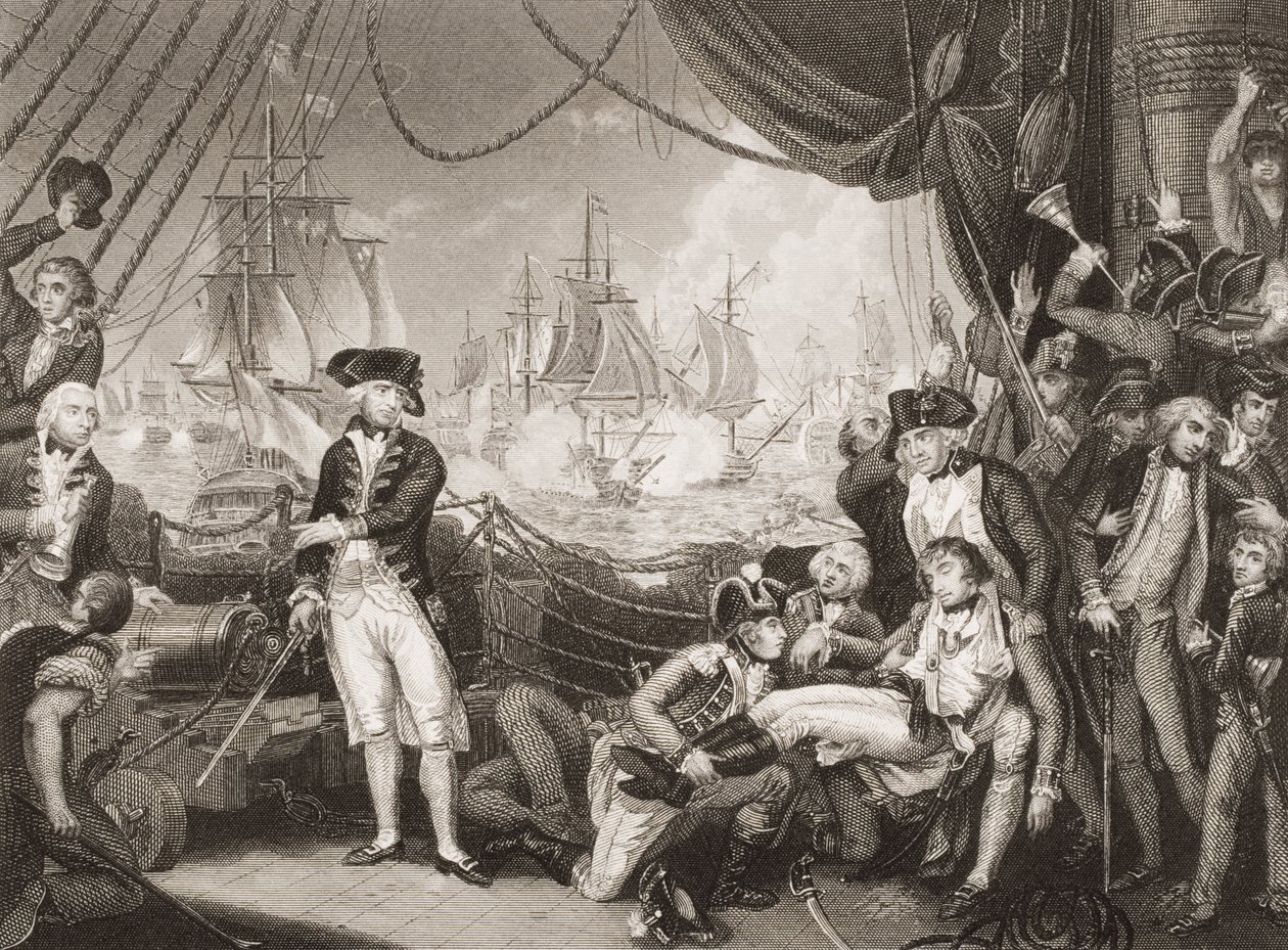 Kohtaus Queen Charlotten kannella, 1. kesäkuuta 1794, kuvitus teoksesta Englannin taistelut merellä ja maalla, kirjoittaja Lieut. Eversti Williams (kaiverrus) tekijältä Mather Brown
