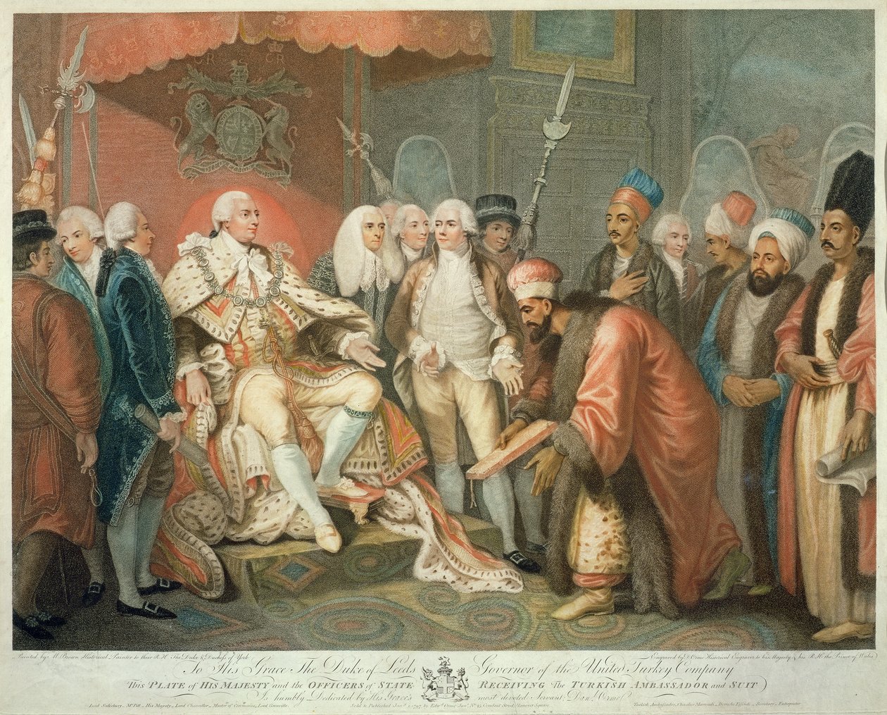 Hänen Majesteettinsa ja valtion upseerit vastaanottamassa Turkin suurlähettilään ja pukua, kaiverrus Daniel Orme (1767-s.1832), pub. kirjoittanut Edward Orme, 1797 (pistekaiverrus) tekijältä Mather Brown