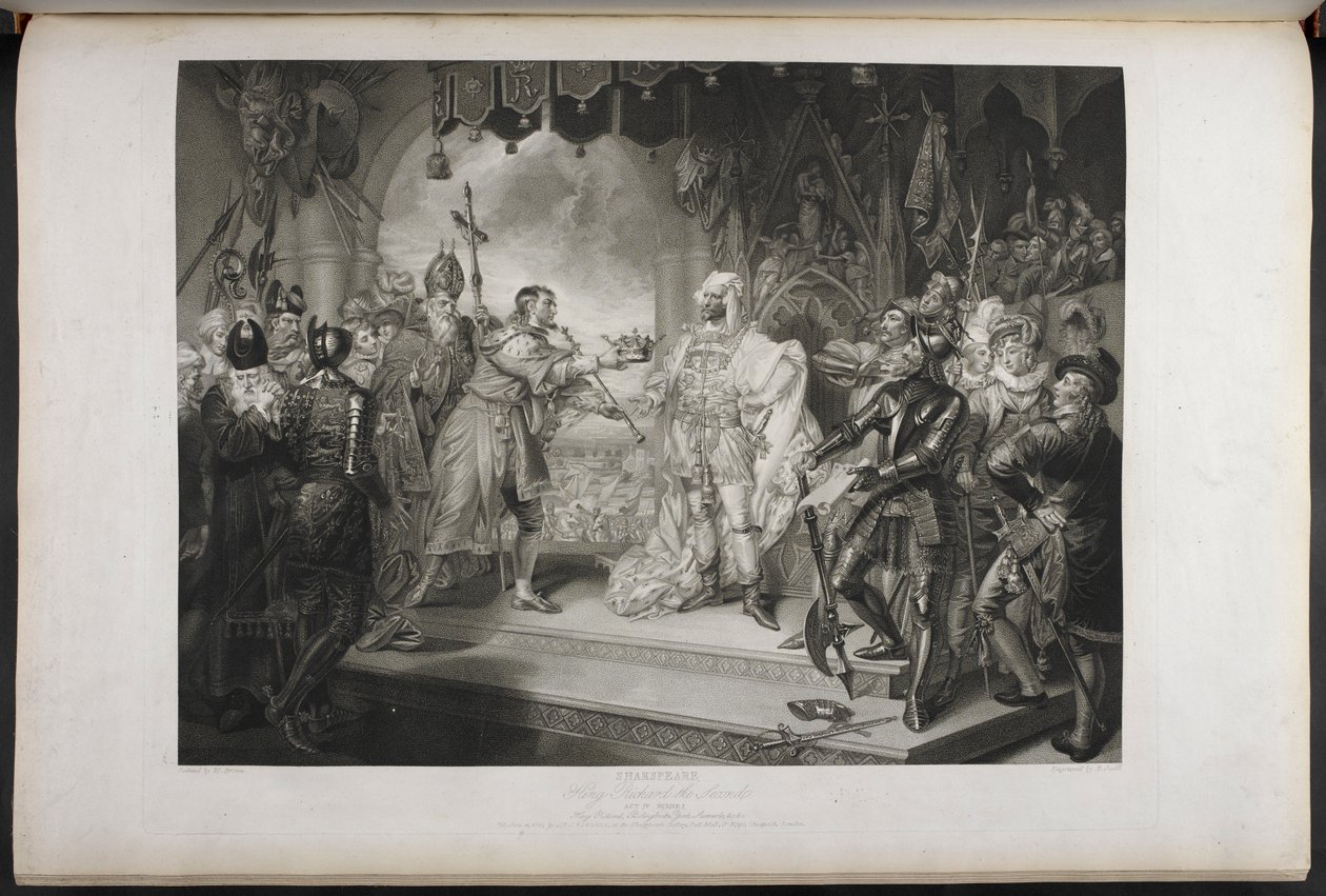 Kuningas Richard toinen. näytös IV. Kohtaus I. King Richard, Bolingbroke, York, Aumerle jne. Parlamenttitalossa, n. 1803 (kaiverrus) tekijältä Mather Brown