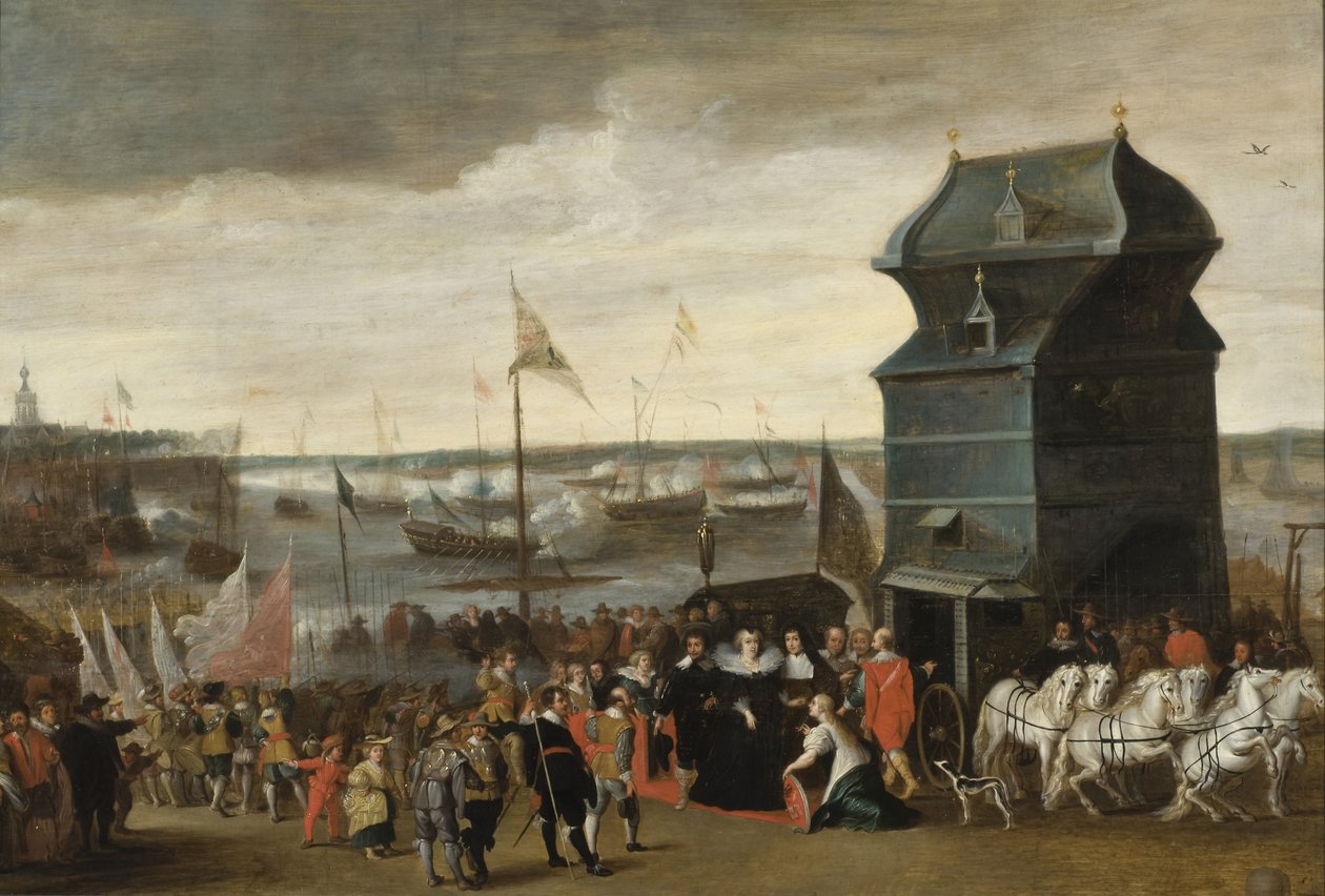 Kuningatar Marie de Medici poistumassa aluksesta Antwerpenissä, 1632 tekijältä Matheus Vroom