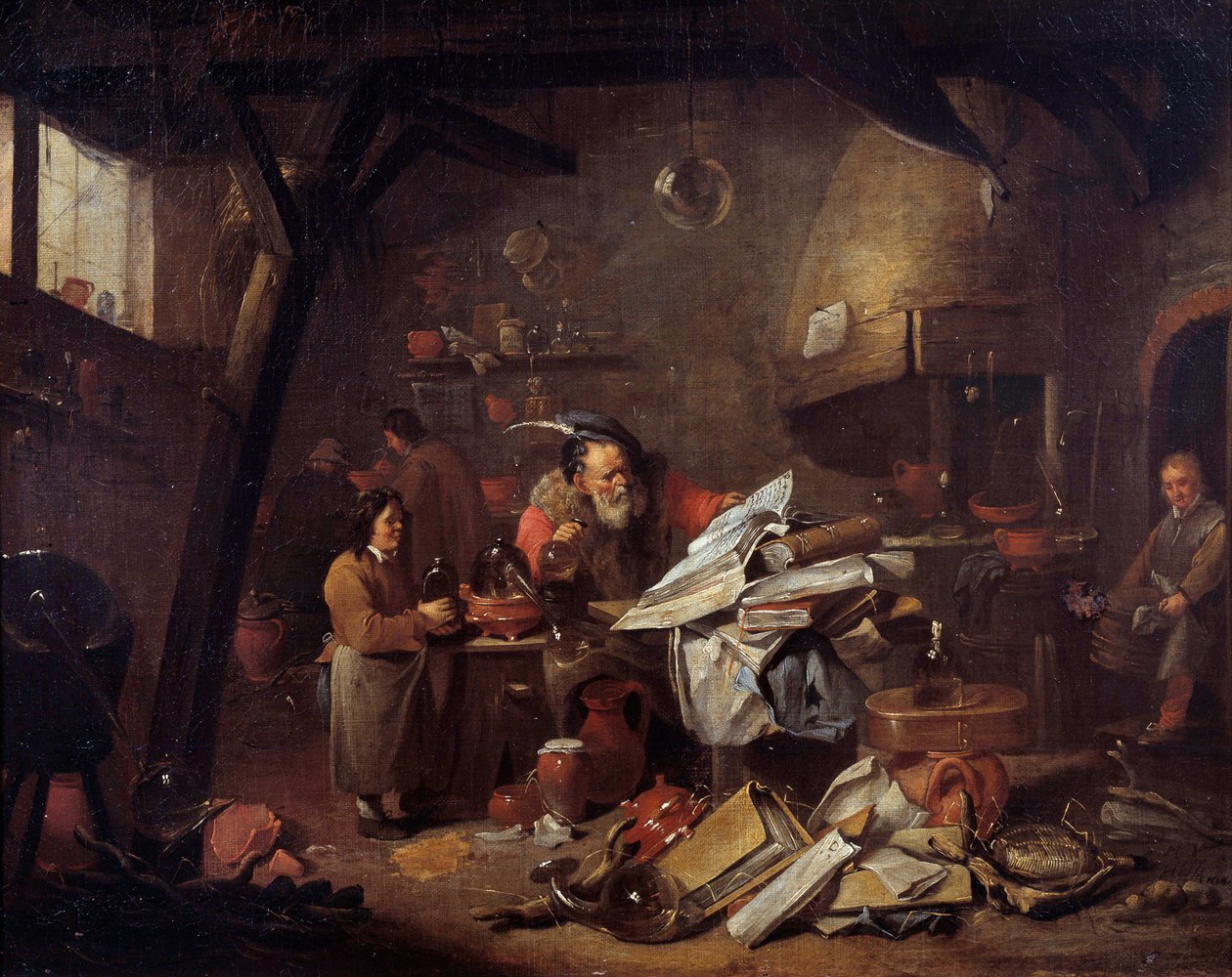 Alkemistin laboratorion sisustus Matheus van Helmontin (1623-1679) maalaus 1600-luvun Montpellier-museo Fabre tekijältä Matheus van Helmont