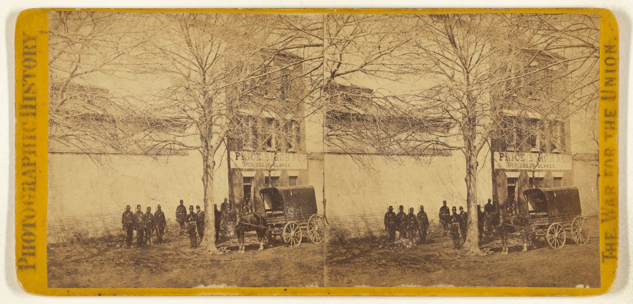 [Unionin sotilaita Price, Birch & Co:n, orjakauppiaiden, edessä] tekijältä Mathew B. Brady