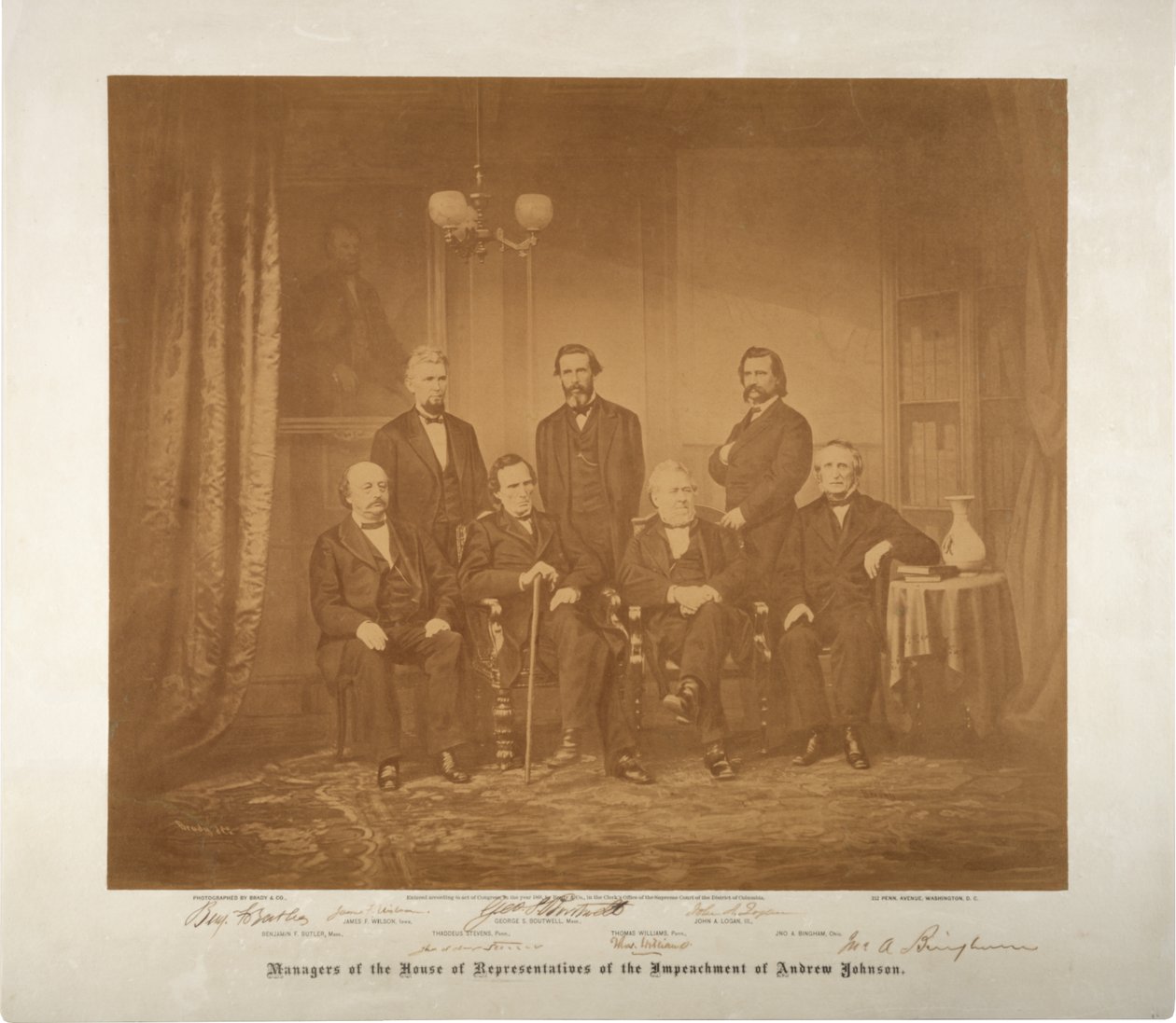 Virkasyytteen edustajainhuoneen johtajat, 1868 (seepiakuva) tekijältä Mathew B. Brady