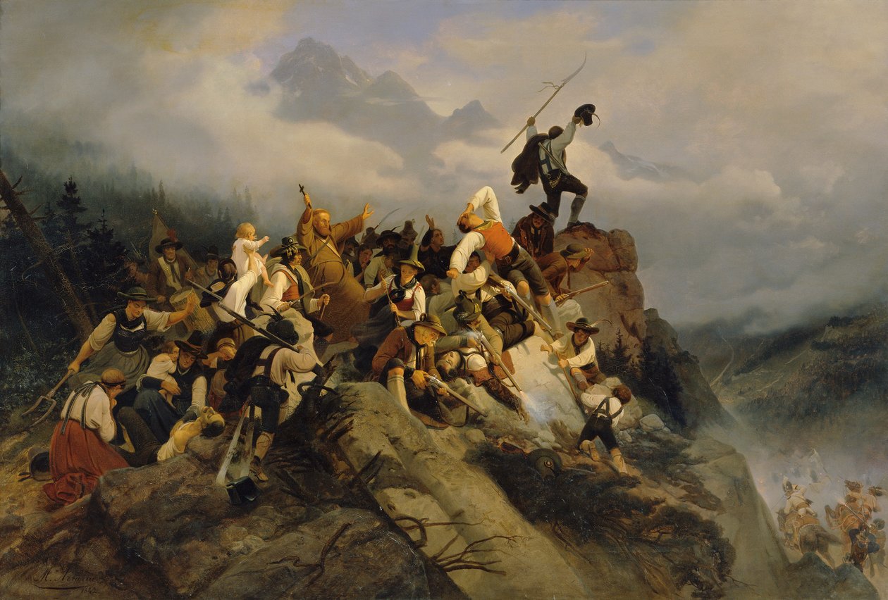 Isä Joachim Haspinger taistelevien maanviljelijöiden joukossa, 1842. tekijältä Mathias Artaria