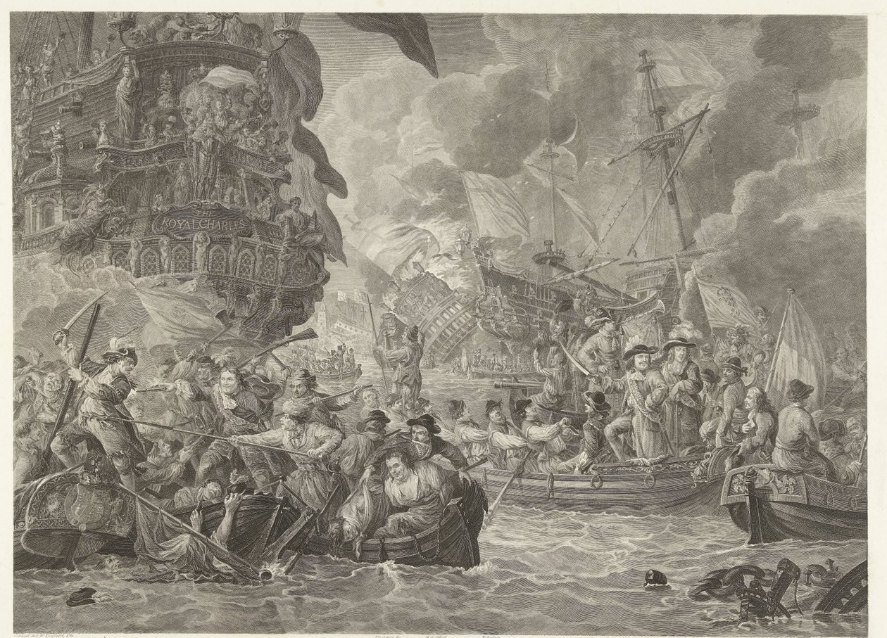 Hollannin hyökkäys Medwaylle ja kuninkaallisen Kaarlen vangitseminen, 1667 tekijältä Mathias de Sallieth