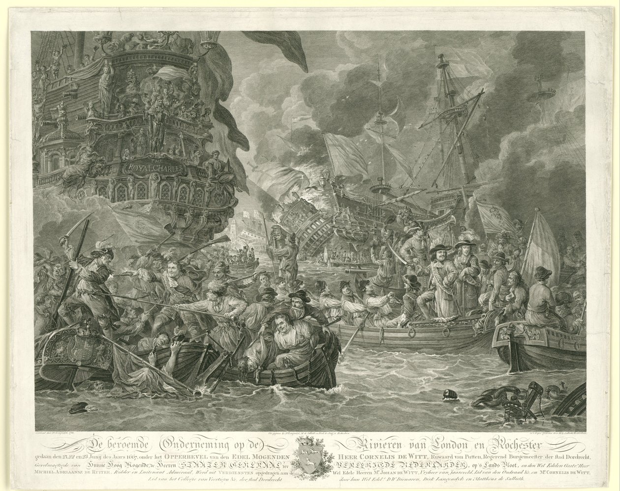 Hollannin hyökkäys Medwaylle ja kuninkaallisen Kaarlen vangitseminen, 1667 tekijältä Mathias de Sallieth