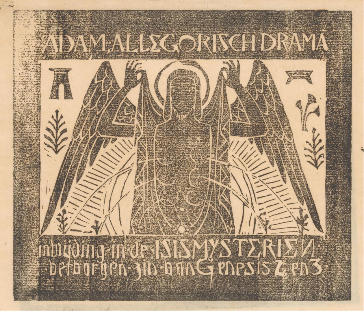 Siivekäs figuuri, jossa kuusi rintaa Adam, Allegorinen draama (otsikko esineessä) tekijältä Mathieu Lauweriks (attributed to)