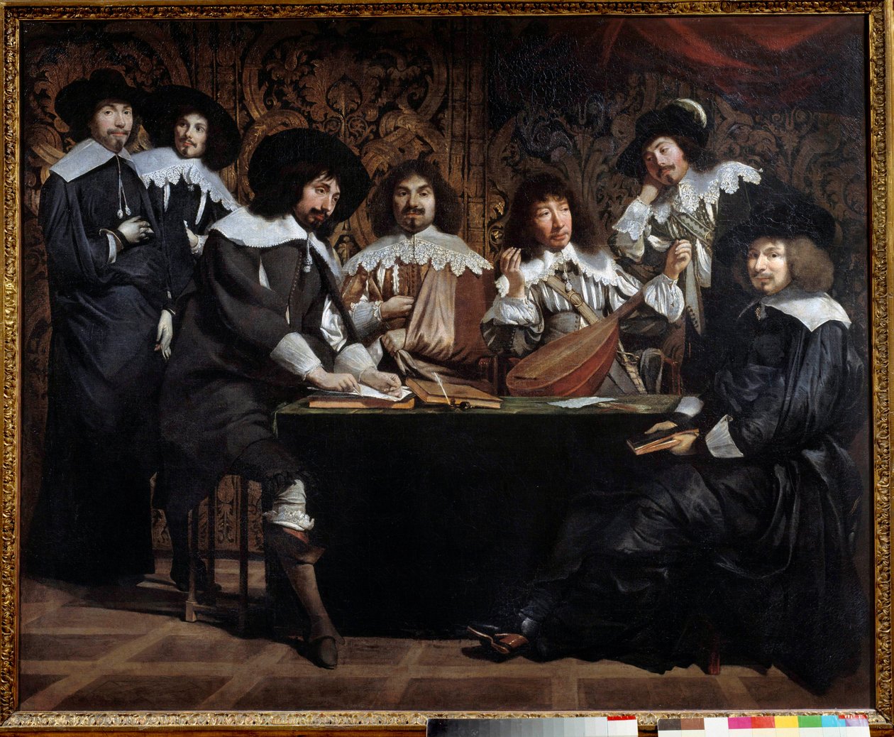 Amatöörikokoukset tai akatemia Taiteilijoiden ja intellektuellien jälleennäkeminen. Mathieu Le Nainin (Lenain) maalaus (1607-1677) 1600-luvun aurinko. 1,16 x 1,46 m Pariisin Louvre-museo tekijältä Mathieu Le Nain