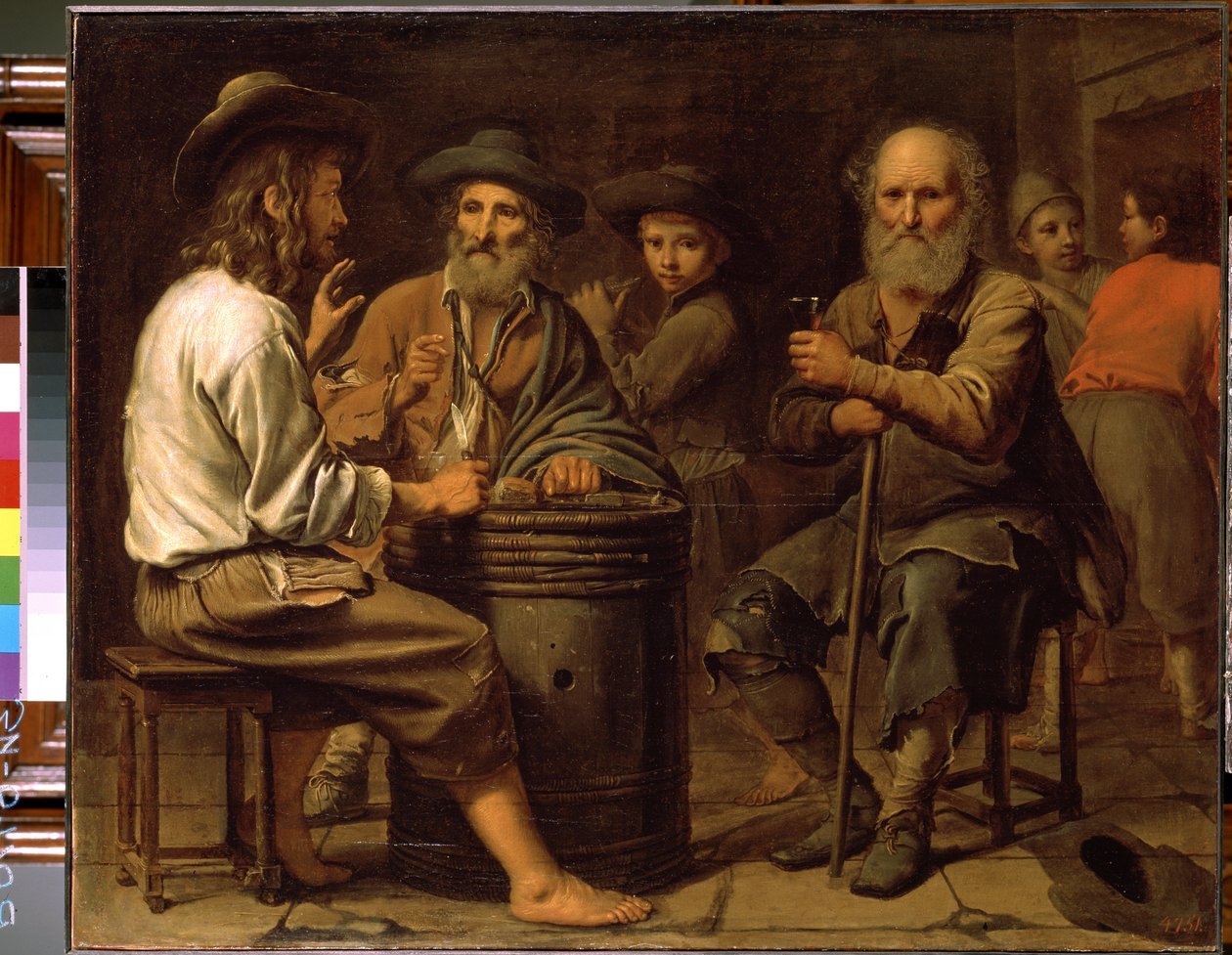 Talonpojat majatalossa. (Talonpojat tavernassa). Kolme miestä pöydässä juomassa viiniä ja syömässä juustoa, jonka nuori poika tarjoilee tynnyrissä. Mathieu Le Nainin (1607-1677) maalaus noin 1640. Öljy kankaalle. Eremitaaši, Saint Petersbou tekijältä Mathieu Le Nain