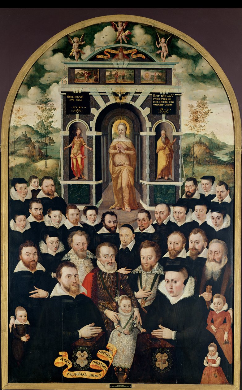 Allegorinen paneeli, joka kuvaa Neitsyt, Henri IV (1553-1610) ja Hoviherrat, lahjoittajat, hänen vaimonsa ja heidän perheenjäsenensä tekijältä Mathieu Prieur