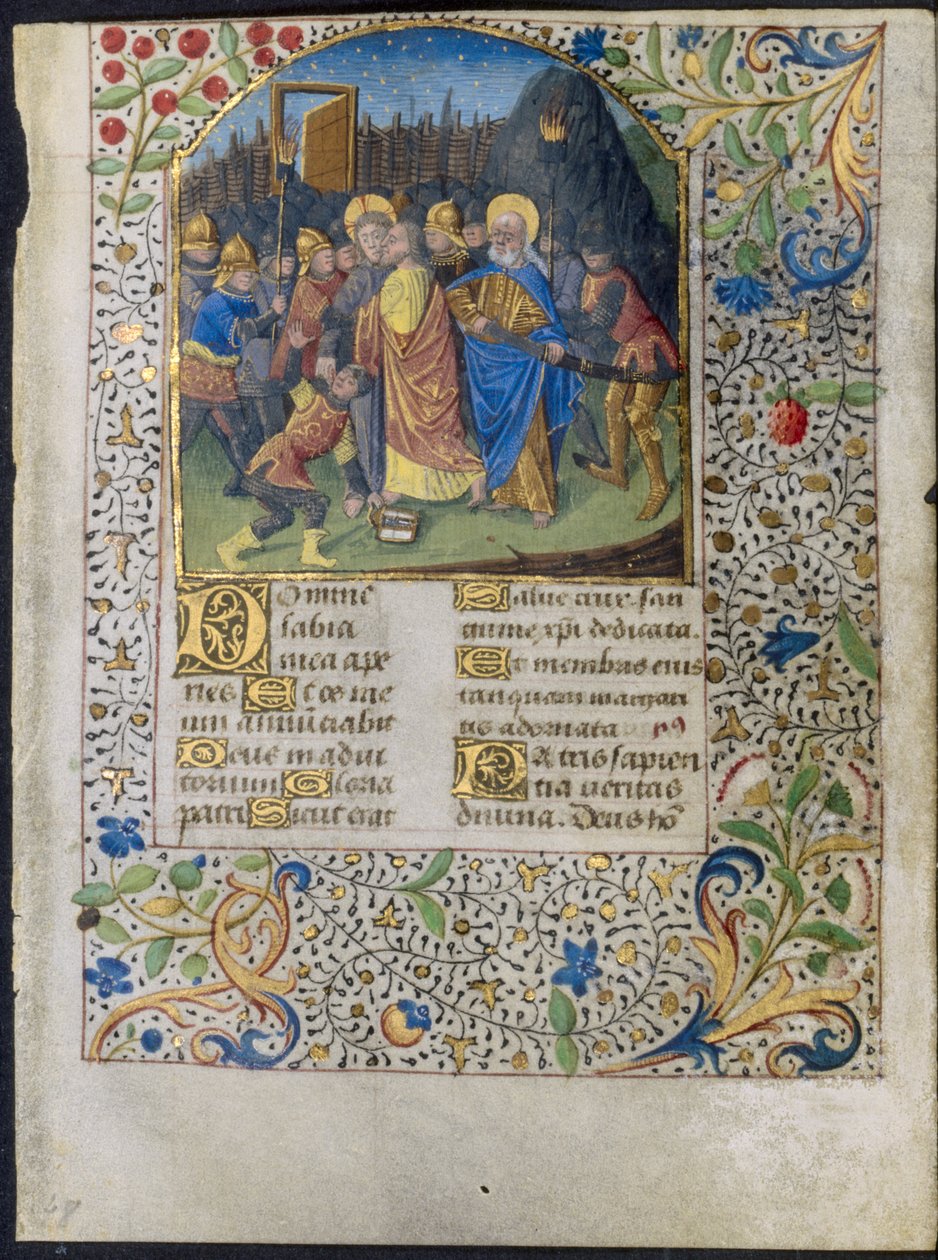 Lehti tuntikirjasta: Kristuksen pettäminen, n. 1470-1485. tekijältä Maître François