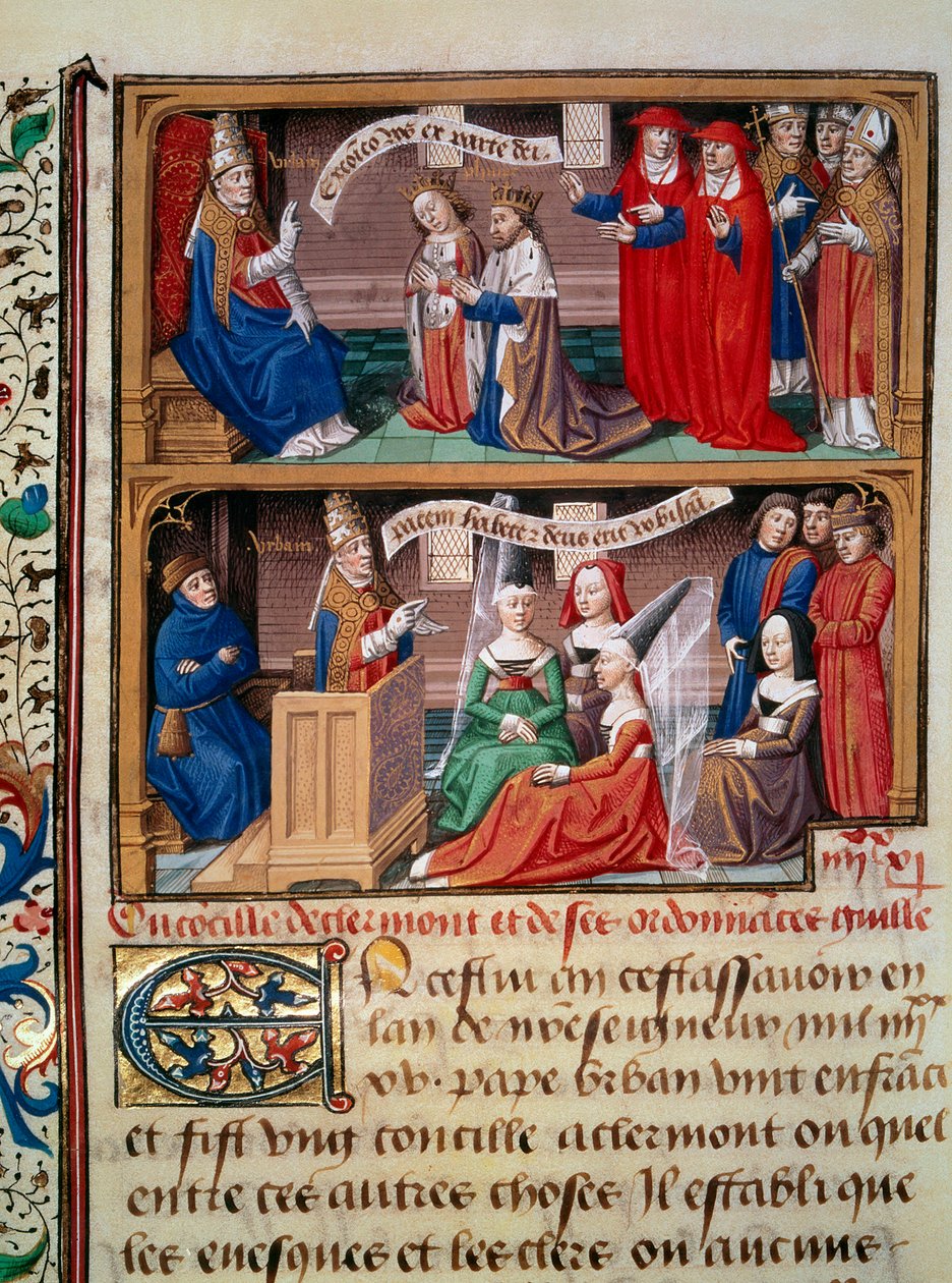 Clermontin kirkolliskokouksen edustus vuonna 1095, jota johti paavi Urbain II (1042-1099) saarnaten ensimmäistä ristiretkeä. Pienoiskuva Vincent de Beauvaisin (1184/94-1264) käsikirjoituksesta "Speculum historiale" (Le Mirror historial), jonka valaisee tekijältä Maître François