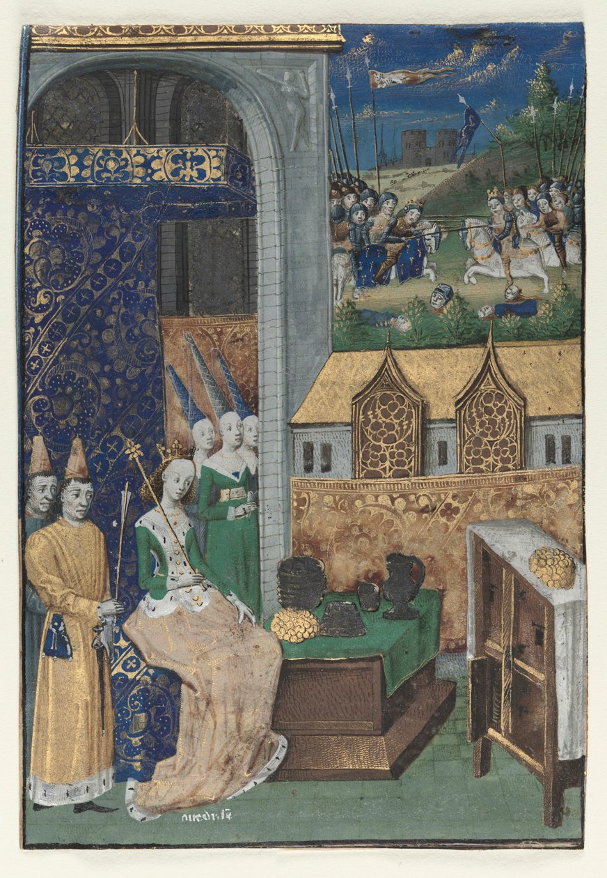 Yksittäinen miniatyyri leikattu pois Boccaccios Des Cleres et nobles femmes: Queen Medusa..., c. 1470. tekijältä Maître François