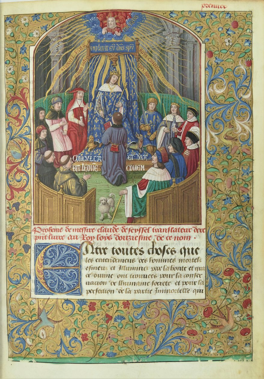 Claude de Seysselin kääntämä Ksenofonin Anabasis: omistuskohtaus, käsikirjoitus on kääntäjän lahja Ludvig XII:lle. tekijältä Maitre de Philippe de Gueldre
