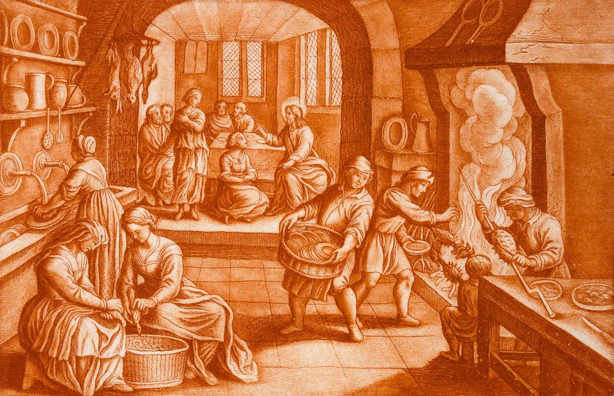 Marian ja Martan tarina, kuvitus Raamatusta, kaiverrus J.C. Bodenehr (seepiakaiverrus) tekijältä Mattaus the Younger Merian