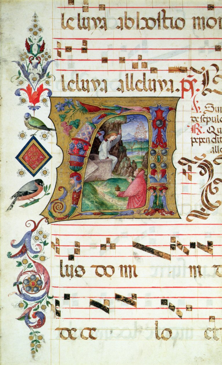 Historioitu alkukirjain A, joka kuvaa Maria Magdalenaa Kristuksen haudalla tekijältä Matteo da Milano Matteo da Milano