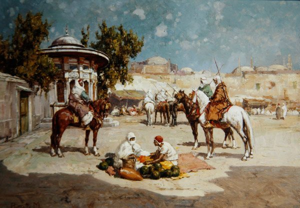 Arab Warriors in a Market Square, n. 1910 (öljy paneelissa) tekijältä Matteo Da Angelo Rossotti