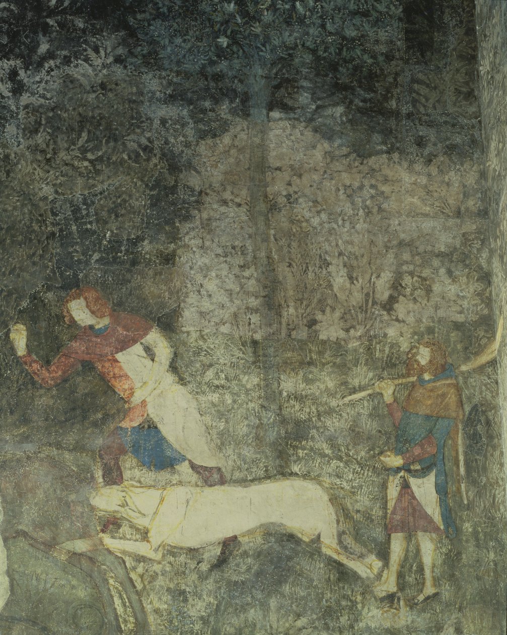 Miehet metsästävät koirien kanssa, yksityiskohta koristeellisesta kaaviosta La Chambre du Cerf Stag Room 1347 -freskosta. tekijältä Matteo Giovanetti