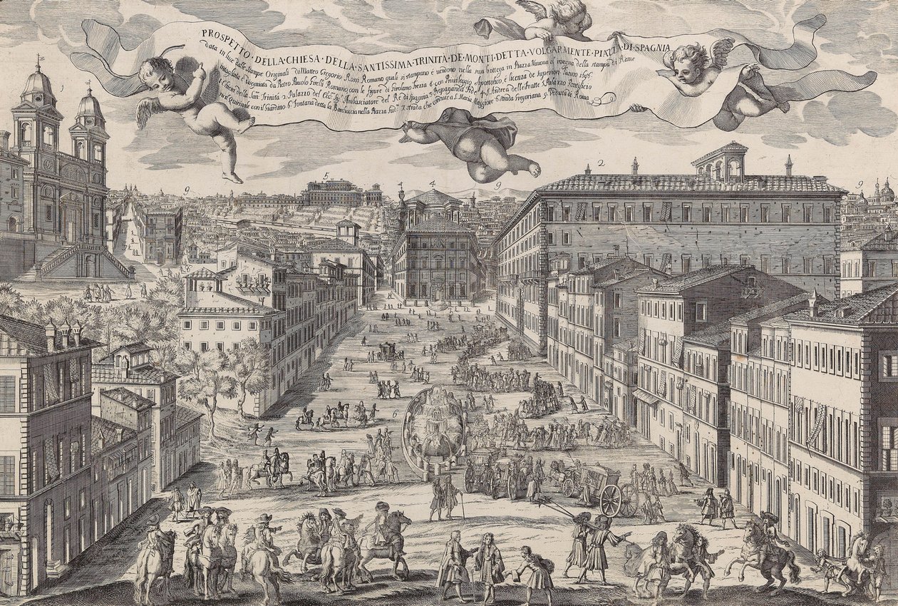 Santissima Trinita de Montin kirkon esite, joka tunnetaan yleisesti nimellä Piazza di Spagnia, 1696. tekijältä Matteo Gregorio de Rossi