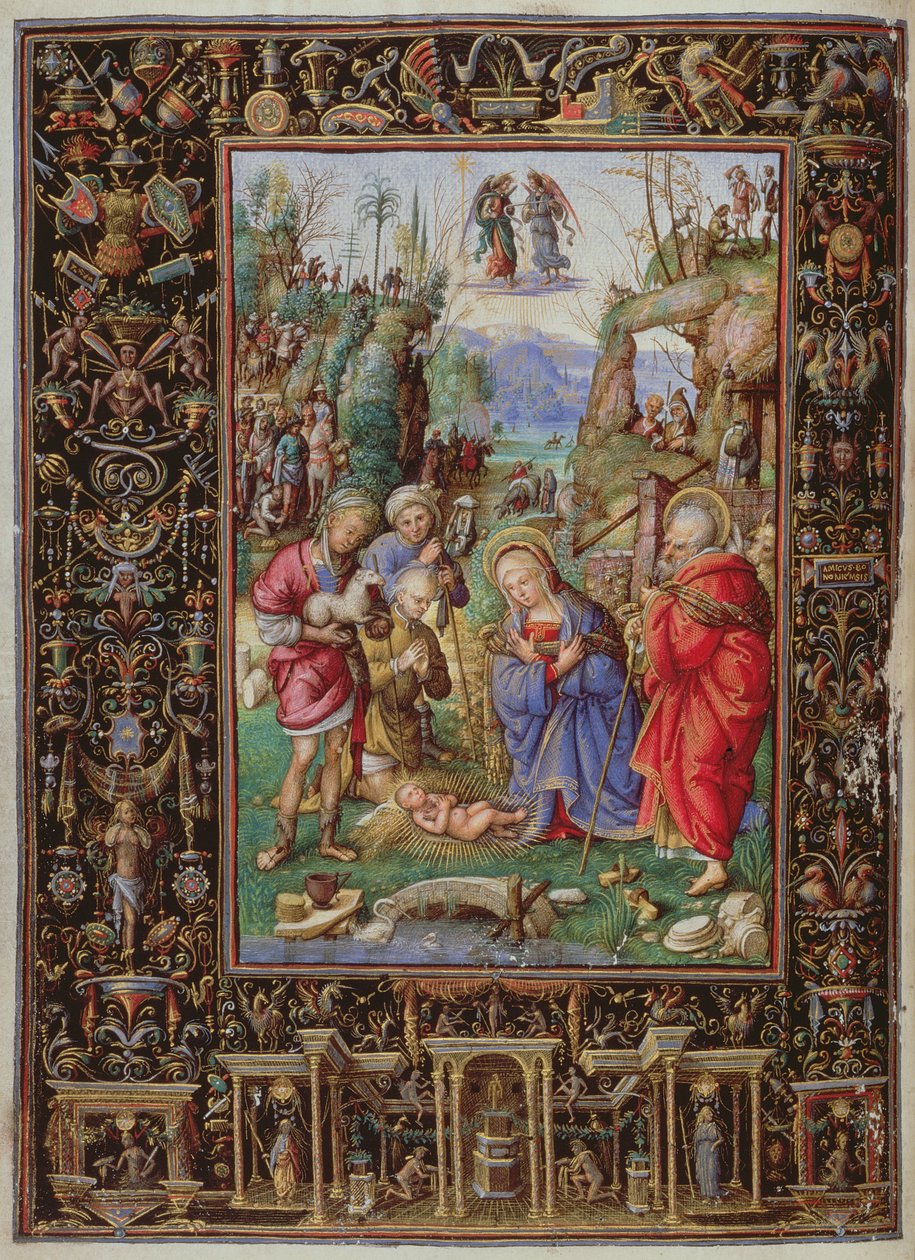 Yates Thompson 29 f.15b-16 Paimenten palvonta, "Hours of Bonaparte Ghislieri", Bologna, n. 1500 (vellum) tekijältä Matteo da Milano