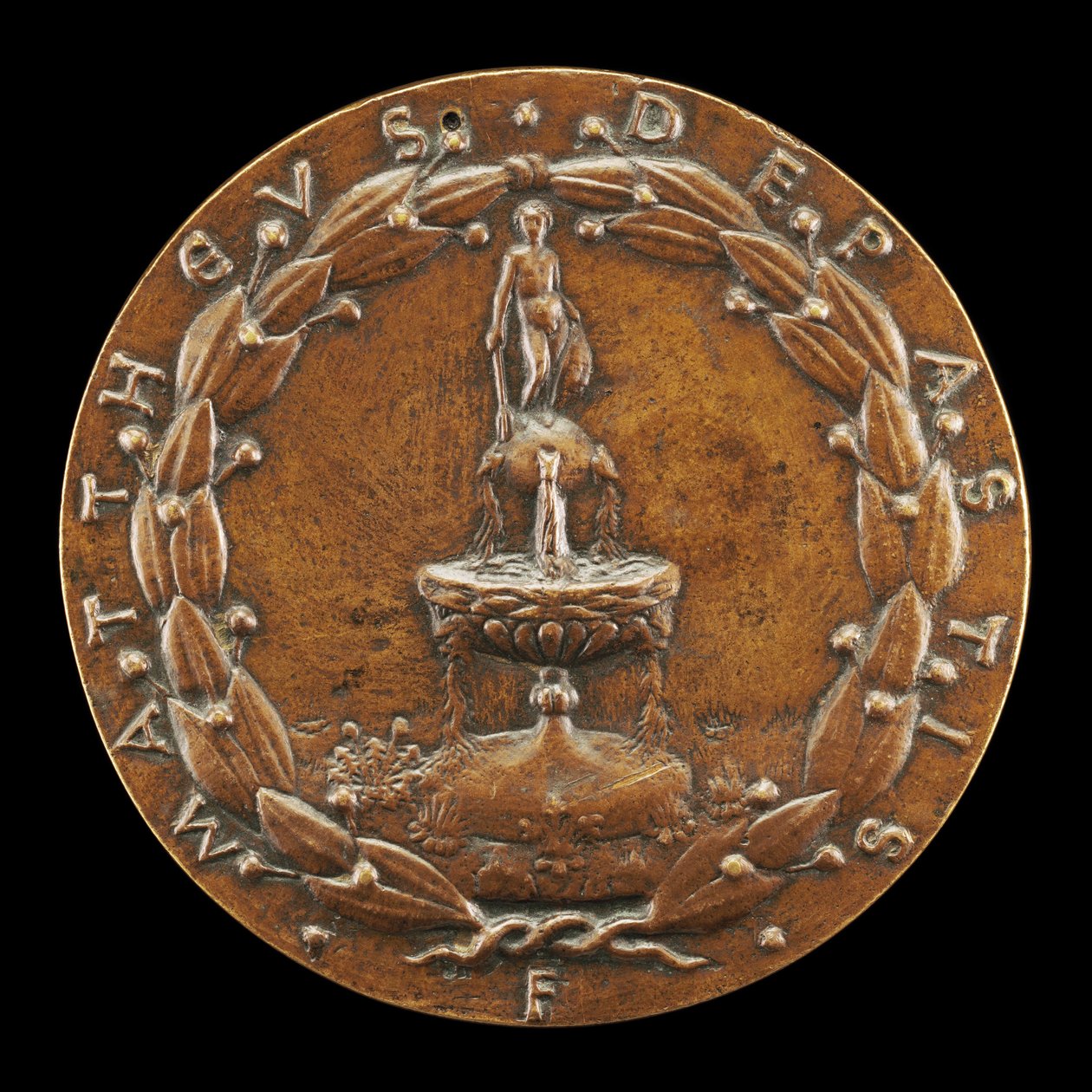 Suihkulähde alaston mieshahmon yllänä [kääntöpuoli], n. 1446. tekijältä Matteo di Andrea de Pasti