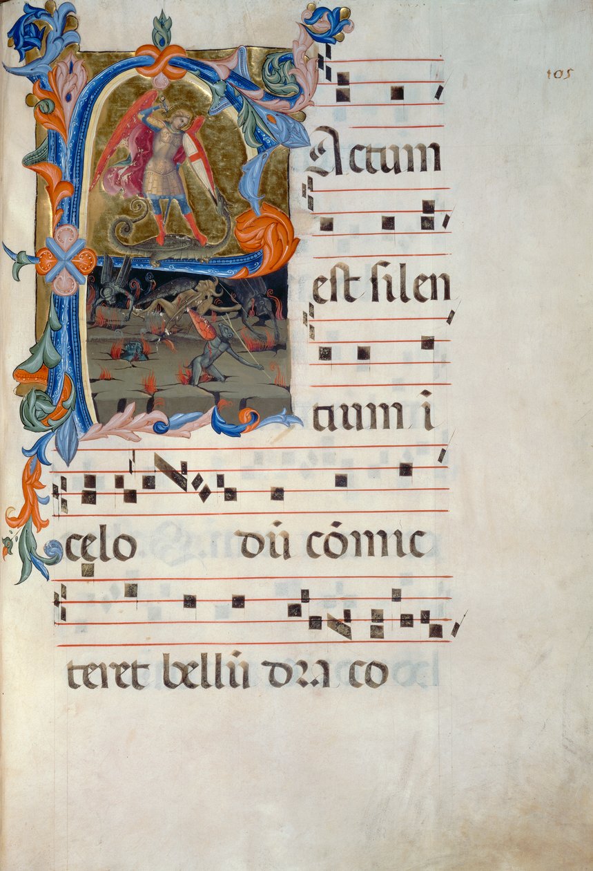 Pyhä arkkienkeli Mikael voittaa demonit. Matteo Torellin pienoismalli vuodelta 1394 vuodeltavasta antifonaarista (Corale 5, n. 105v) tekijältä Matteo di Filippo Torelli